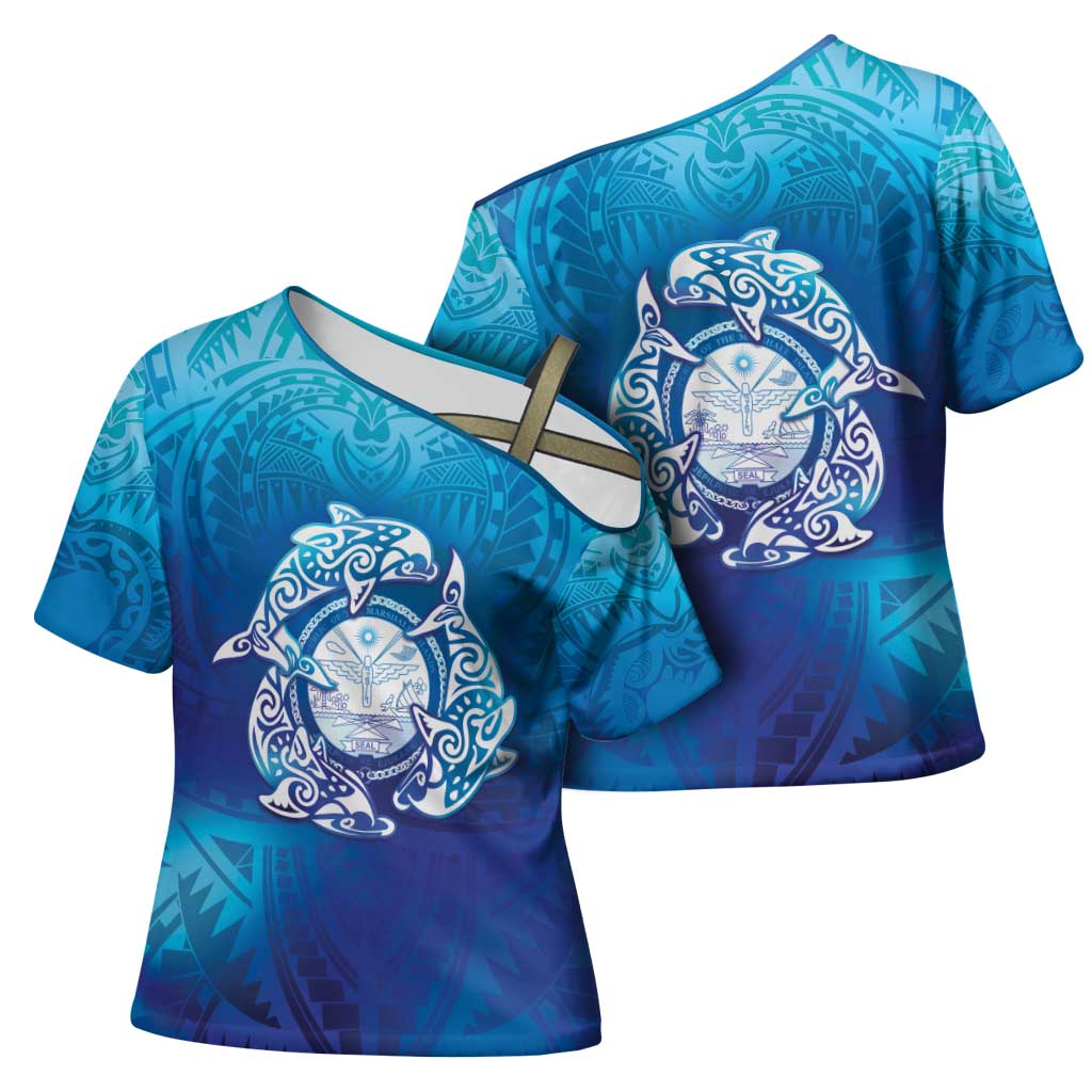 Marshall Islands Manit Day Cross Shoulder Shirt Tribal Dolphin With Marshall Seal LT05 - Polynesian Pride