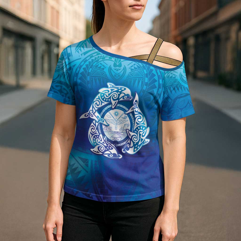 Marshall Islands Manit Day Cross Shoulder Shirt Tribal Dolphin With Marshall Seal LT05 - Polynesian Pride