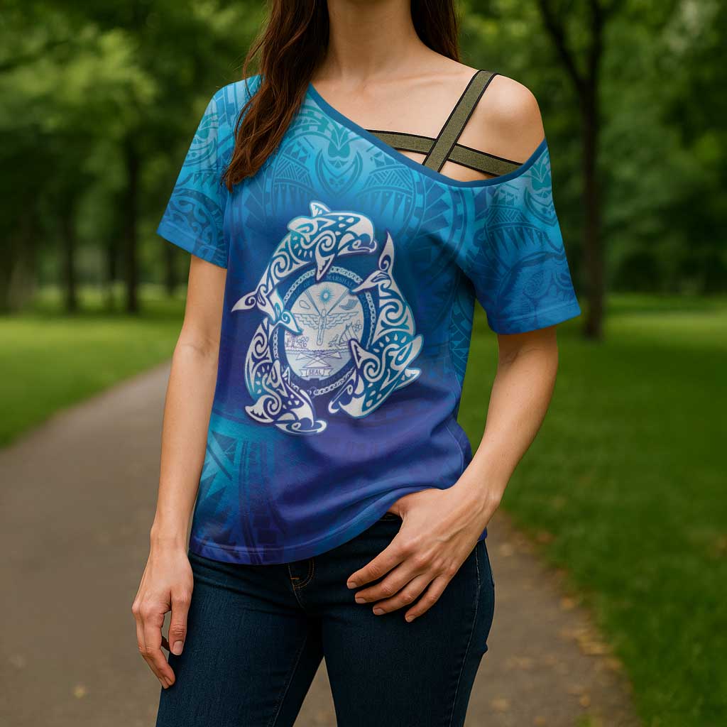Marshall Islands Manit Day Cross Shoulder Shirt Tribal Dolphin With Marshall Seal LT05 - Polynesian Pride