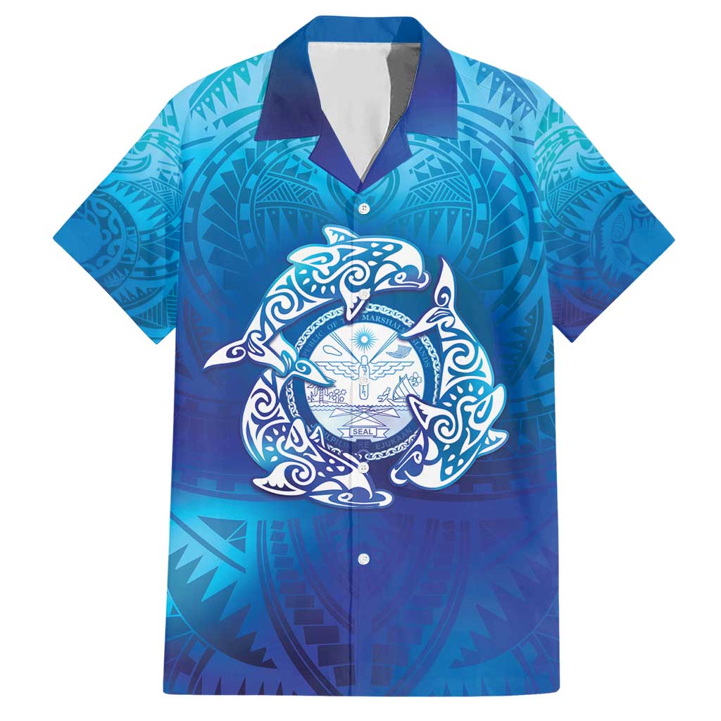 Marshall Islands Manit Day Hawaiian Shirt Tribal Dolphin With Marshall Seal LT05 Blue - Polynesian Pride