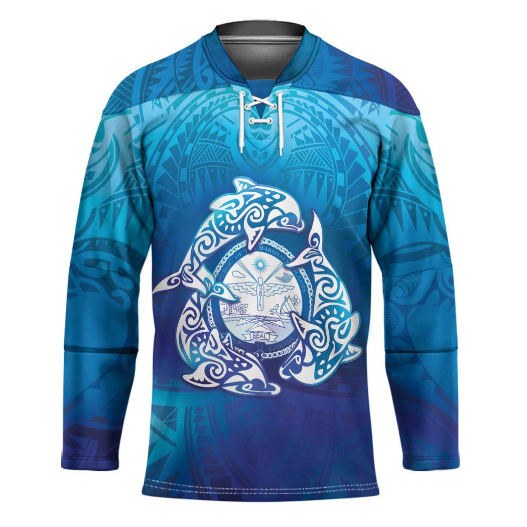 Marshall Islands Manit Day Hockey Jersey Tribal Dolphin With Marshall Seal LT05 Unisex Blue - Polynesian Pride