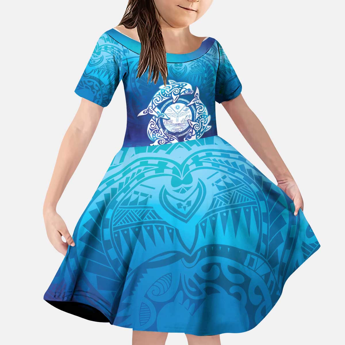 Marshall Islands Manit Day Kid Short Sleeve Dress Tribal Dolphin With Marshall Seal LT05 KID Blue - Polynesian Pride