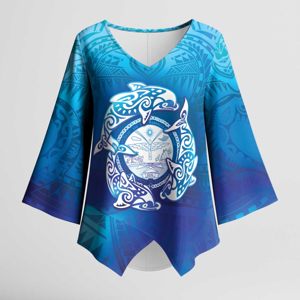 Marshall Islands Manit Day Kimono Sleeve Blouse Tribal Dolphin With Marshall Seal LT05 Female Blue - Polynesian Pride