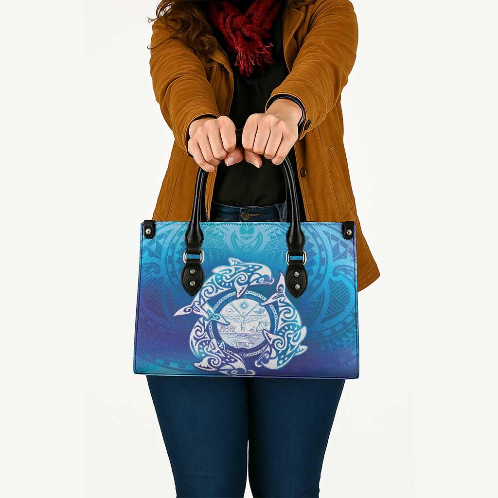 Marshall Islands Manit Day Leather Bag Tribal Dolphin With Marshall Seal LT05 Blue - Polynesian Pride