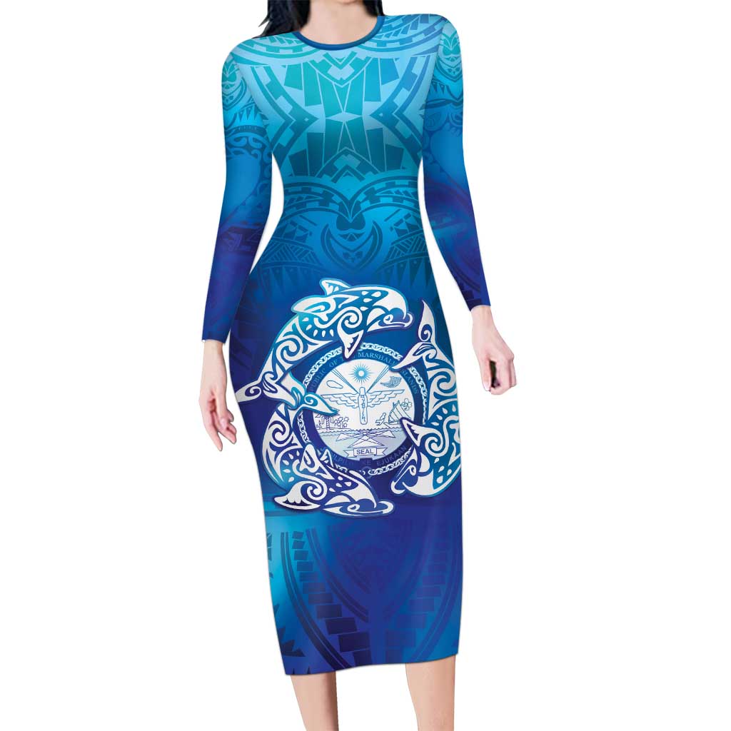 Marshall Islands Manit Day Long Sleeve Bodycon Dress Tribal Dolphin With Marshall Seal LT05 Long Dress Blue - Polynesian Pride