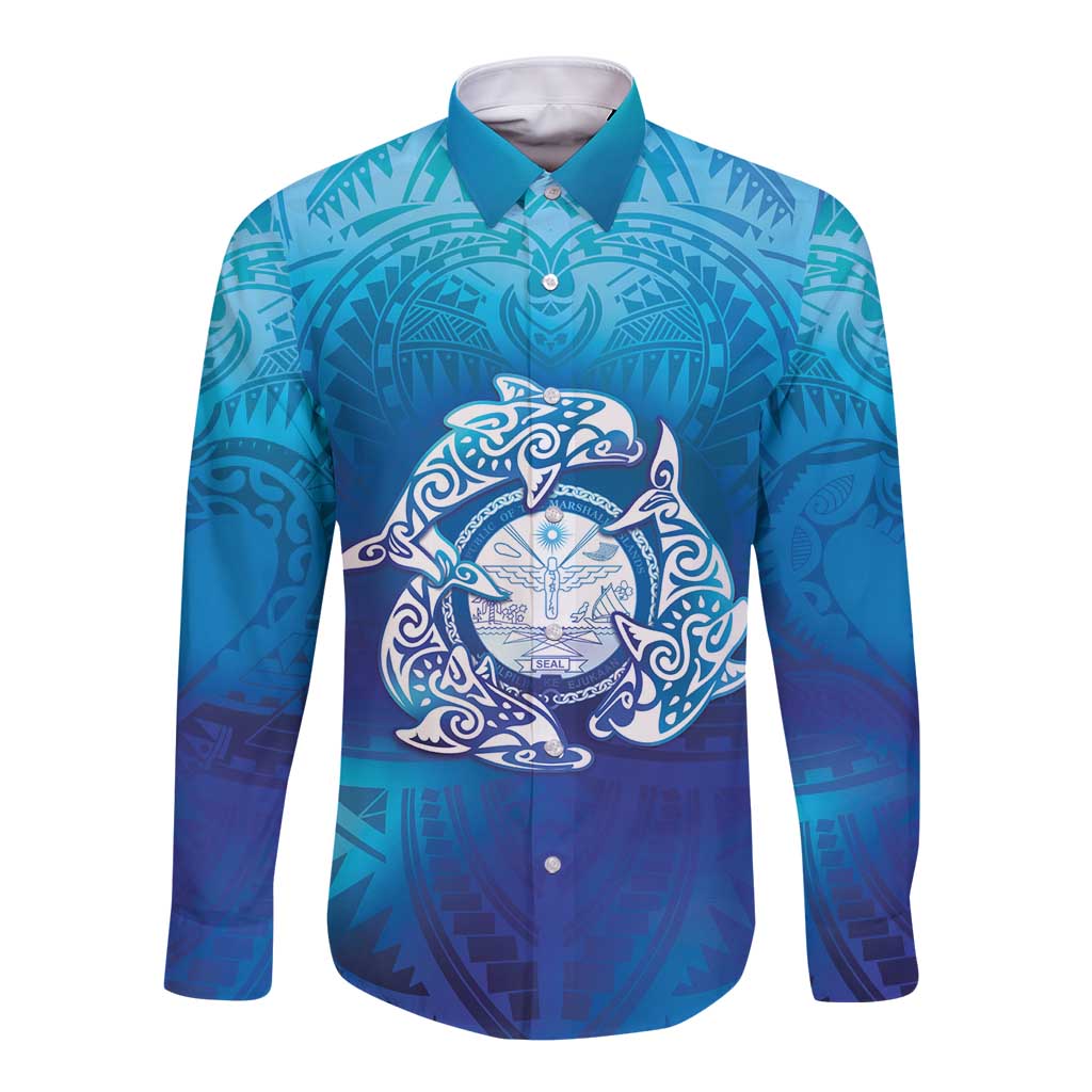 Marshall Islands Manit Day Long Sleeve Button Shirt Tribal Dolphin With Marshall Seal LT05 Unisex Blue - Polynesian Pride