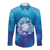 Marshall Islands Manit Day Long Sleeve Button Shirt Tribal Dolphin With Marshall Seal LT05 Unisex Blue - Polynesian Pride