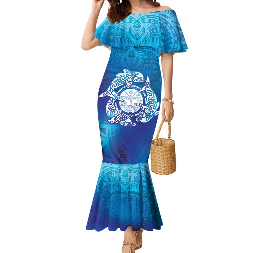 Marshall Islands Manit Day Mermaid Dress Tribal Dolphin With Marshall Seal LT05 Women Blue - Polynesian Pride