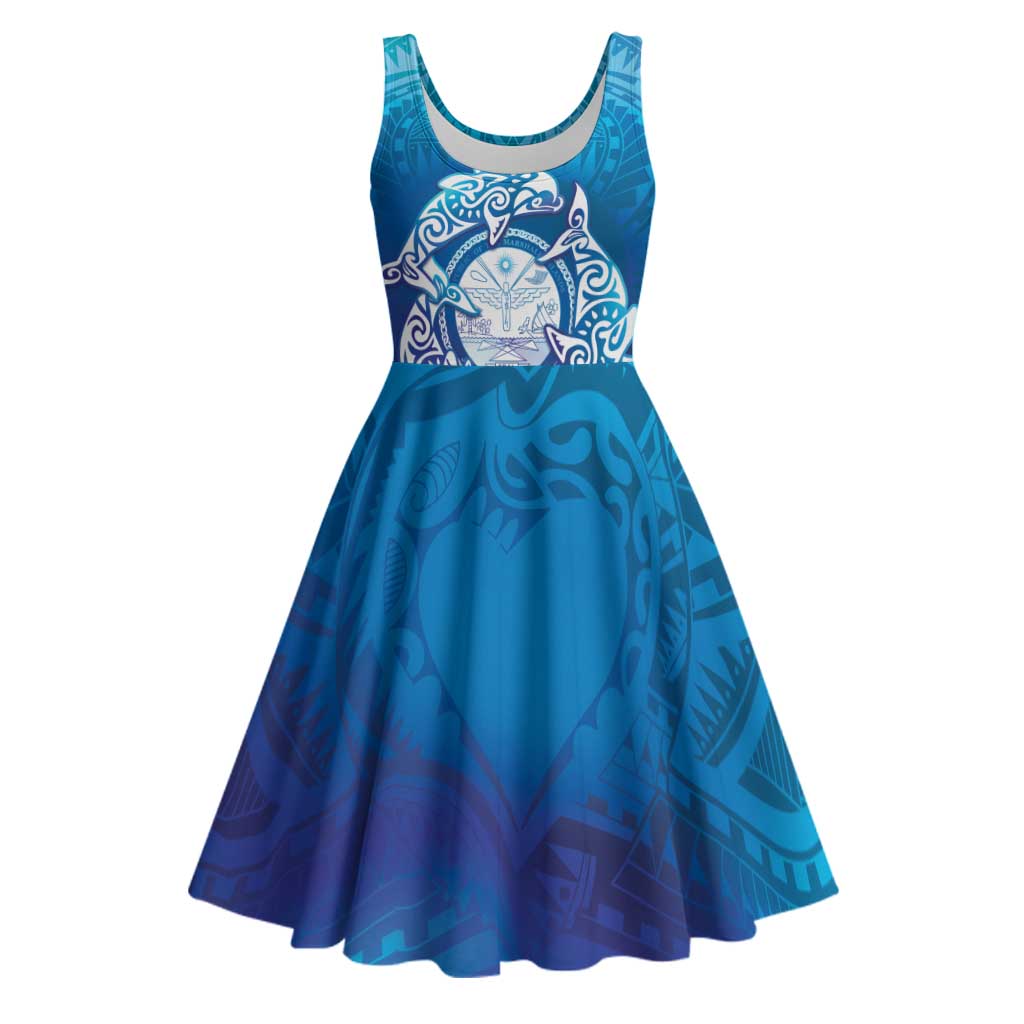 Marshall Islands Manit Day Midi Dress Tribal Dolphin With Marshall Seal LT05 Blue - Polynesian Pride