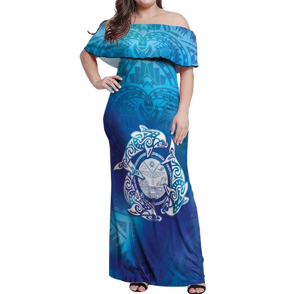 Marshall Islands Manit Day Off Shoulder Maxi Dress Tribal Dolphin With Marshall Seal LT05 Women Blue - Polynesian Pride