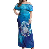 Marshall Islands Manit Day Off Shoulder Maxi Dress Tribal Dolphin With Marshall Seal LT05 Women Blue - Polynesian Pride