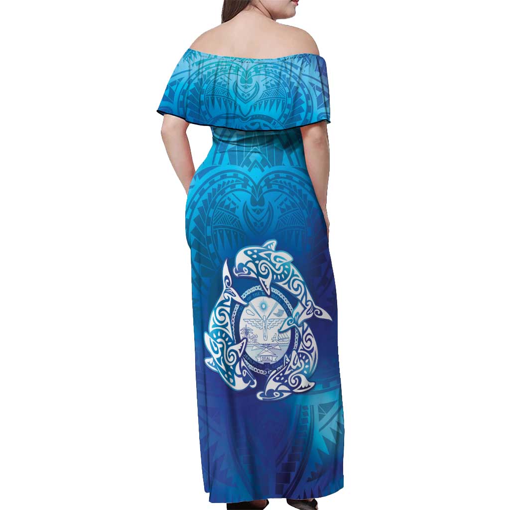 Marshall Islands Manit Day Off Shoulder Maxi Dress Tribal Dolphin With Marshall Seal LT05 - Polynesian Pride