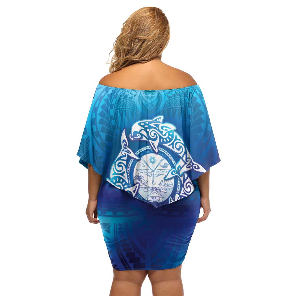 Marshall Islands Manit Day Off Shoulder Short Dress Tribal Dolphin With Marshall Seal LT05 - Polynesian Pride