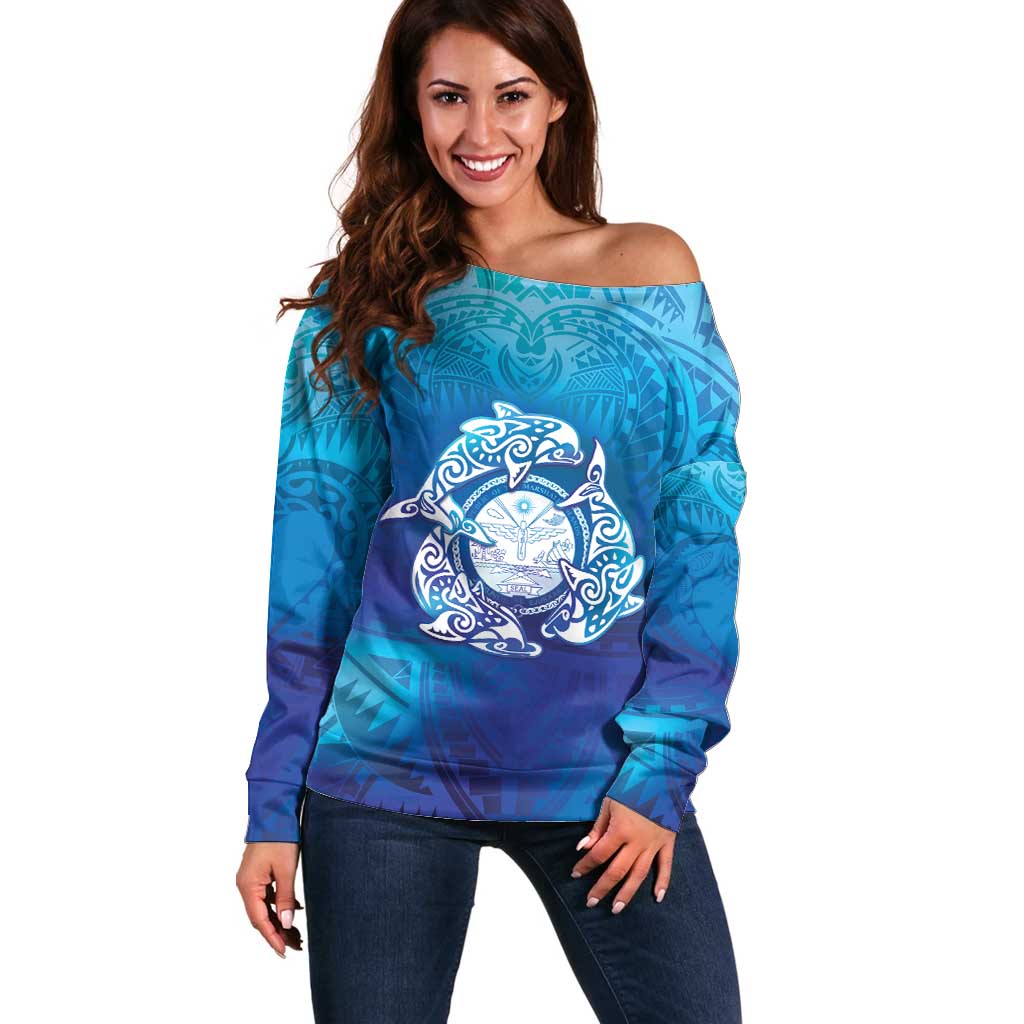 Marshall Islands Manit Day Off Shoulder Sweater Tribal Dolphin With Marshall Seal LT05 Women Blue - Polynesian Pride