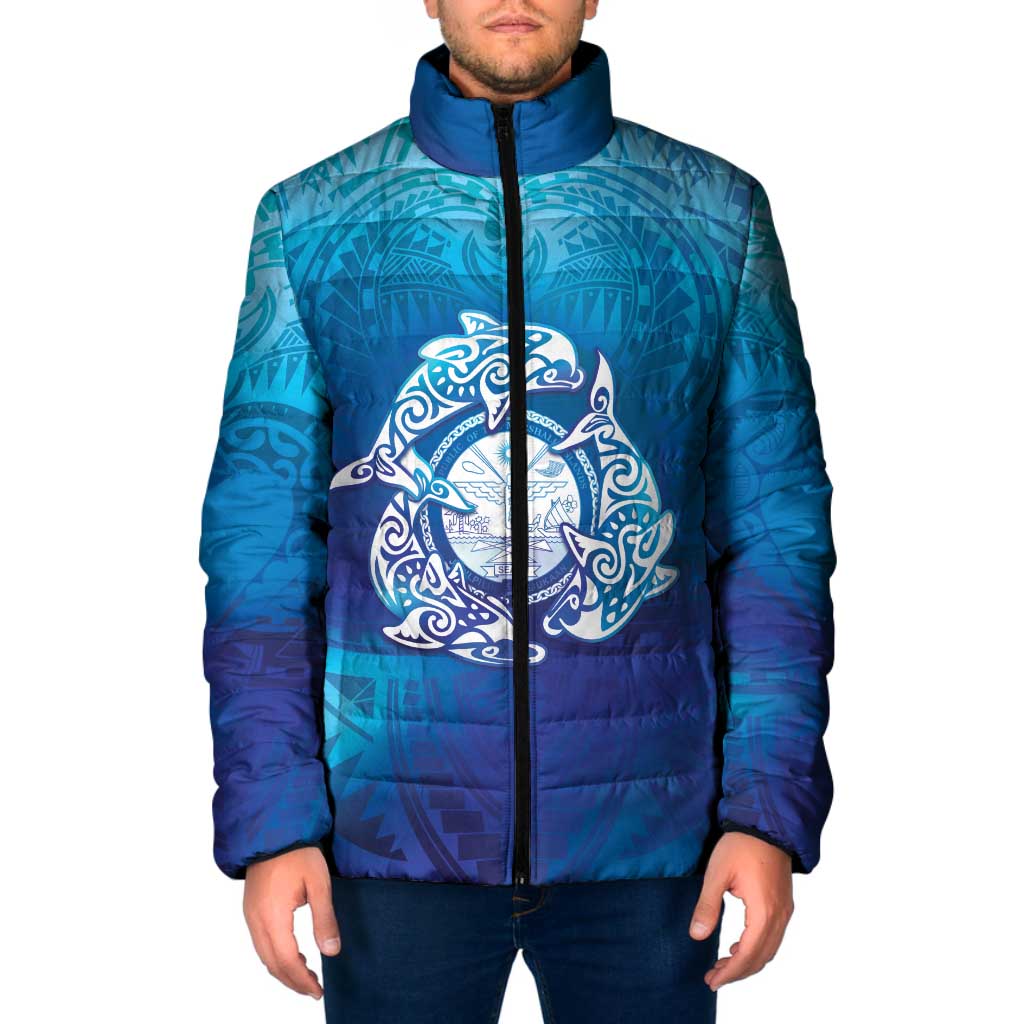 Marshall Islands Manit Day Padded Jacket Tribal Dolphin With Marshall Seal LT05 Men Blue - Polynesian Pride