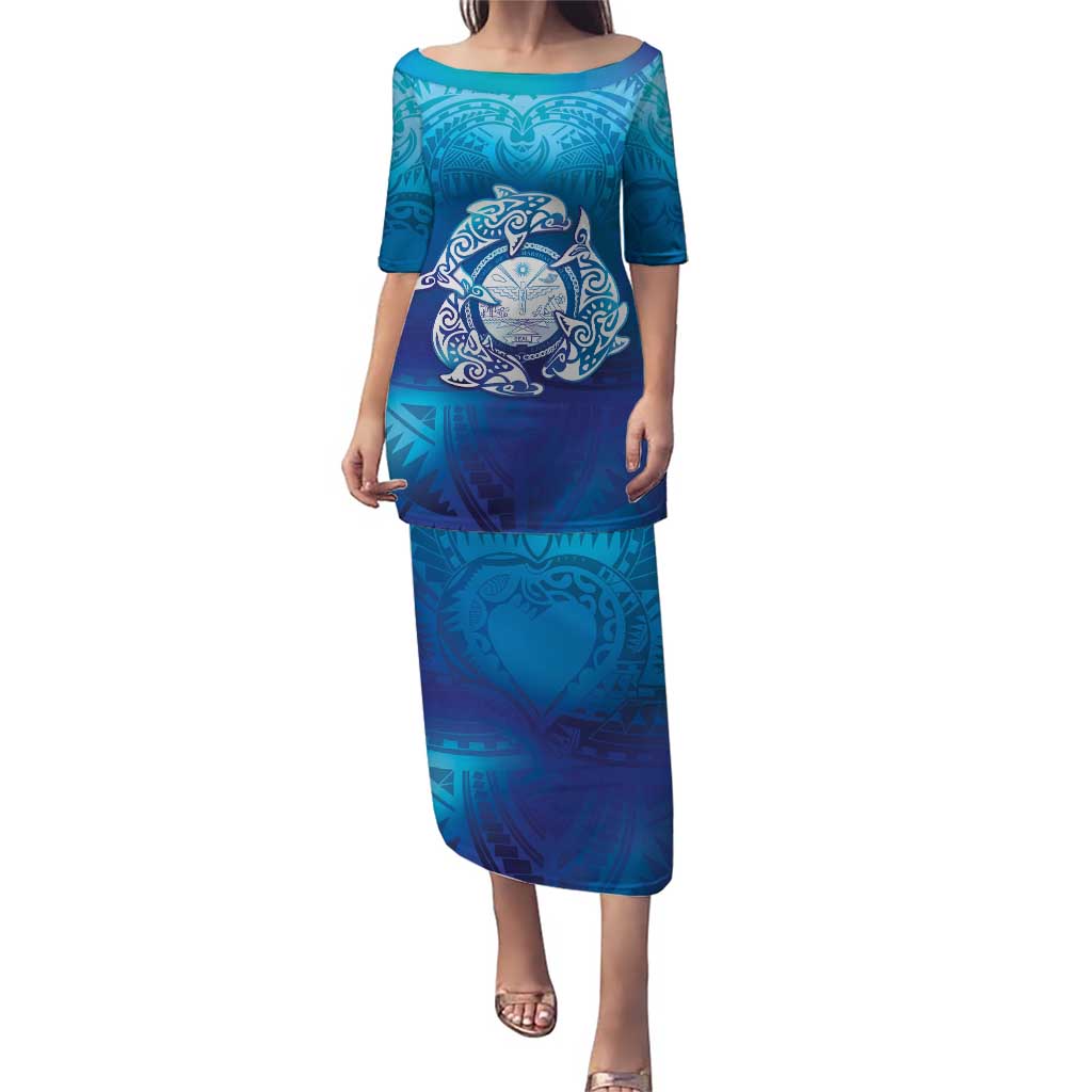 Marshall Islands Manit Day Puletasi Tribal Dolphin With Marshall Seal LT05 Long Dress Blue - Polynesian Pride