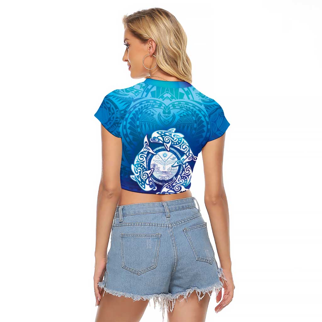 Marshall Islands Manit Day Raglan Cropped T Shirt Tribal Dolphin With Marshall Seal LT05 - Polynesian Pride