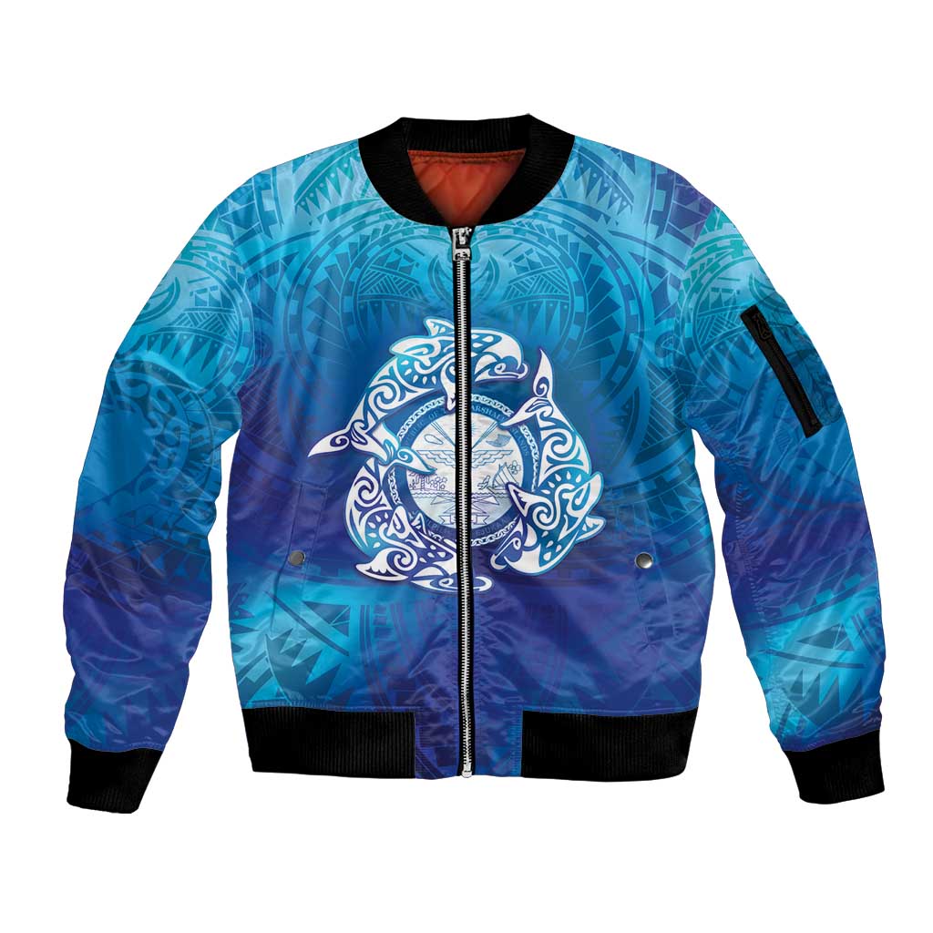 Marshall Islands Manit Day Sleeve Zip Bomber Jacket Tribal Dolphin With Marshall Seal LT05 Unisex Blue - Polynesian Pride