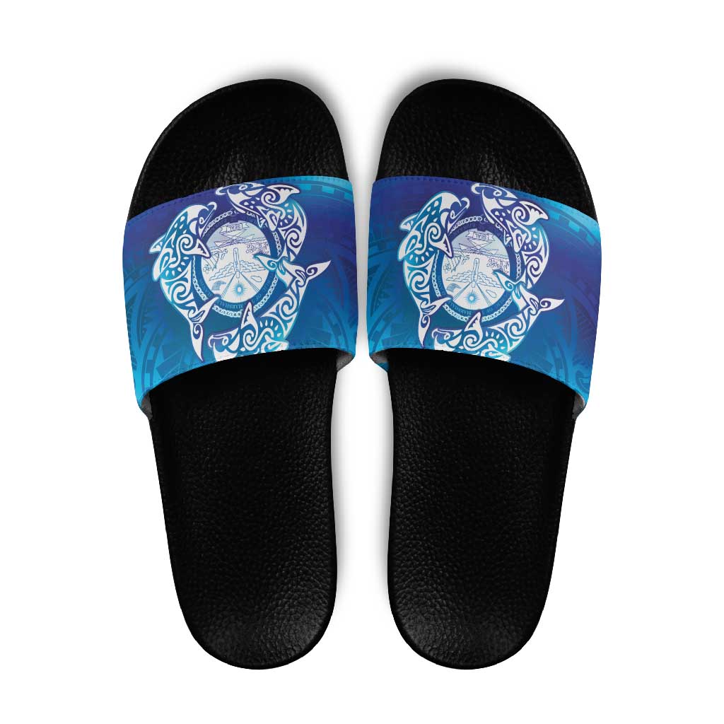 Marshall Islands Manit Day Slide Sandals Tribal Dolphin With Marshall Seal LT05 Blue - Polynesian Pride
