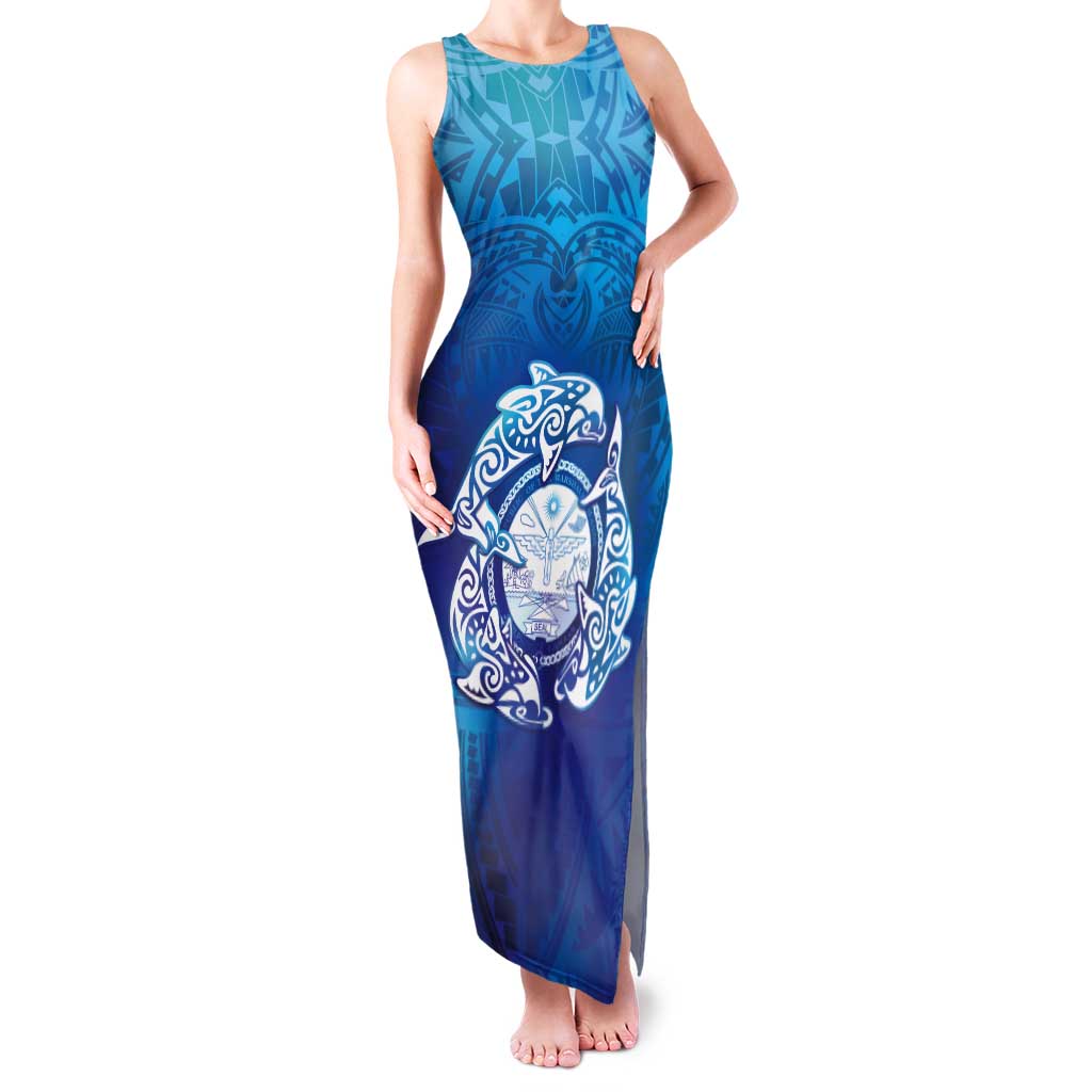 Marshall Islands Manit Day Tank Maxi Dress Tribal Dolphin With Marshall Seal LT05 Women Blue - Polynesian Pride