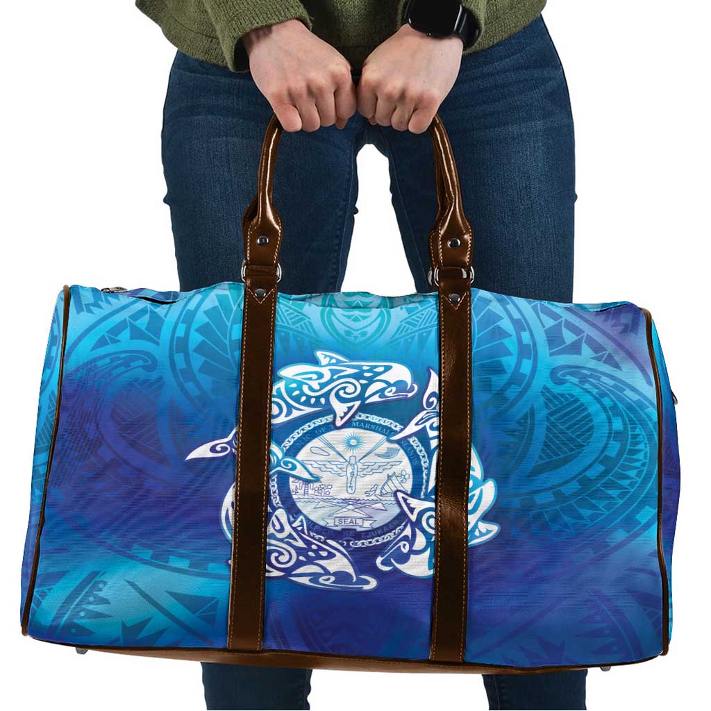 Marshall Islands Manit Day Travel Bag Tribal Dolphin With Marshall Seal LT05 Blue - Polynesian Pride