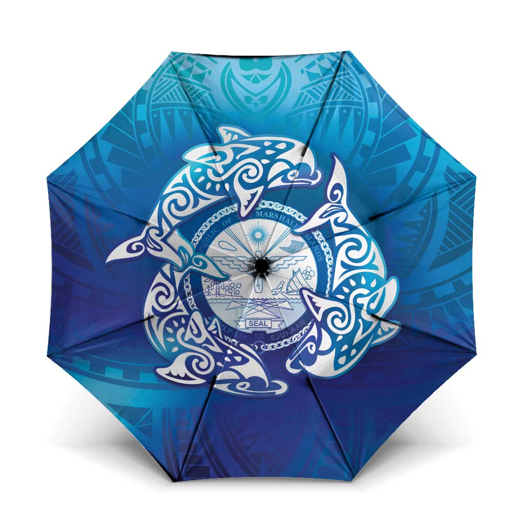 Marshall Islands Manit Day Umbrella Tribal Dolphin With Marshall Seal LT05 One Size Folded 11.42 inch Opened Diameter 37.4 inch Blue - Polynesian Pride