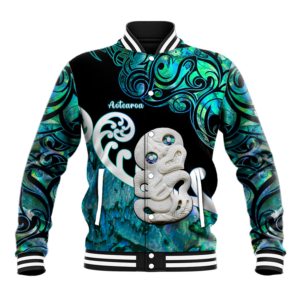 Personalized Aotearoa New Zealand Baseball Jacket Paua Shell Fern Koru With Maori Hei Tiki LT05 Unisex Green - Polynesian Pride