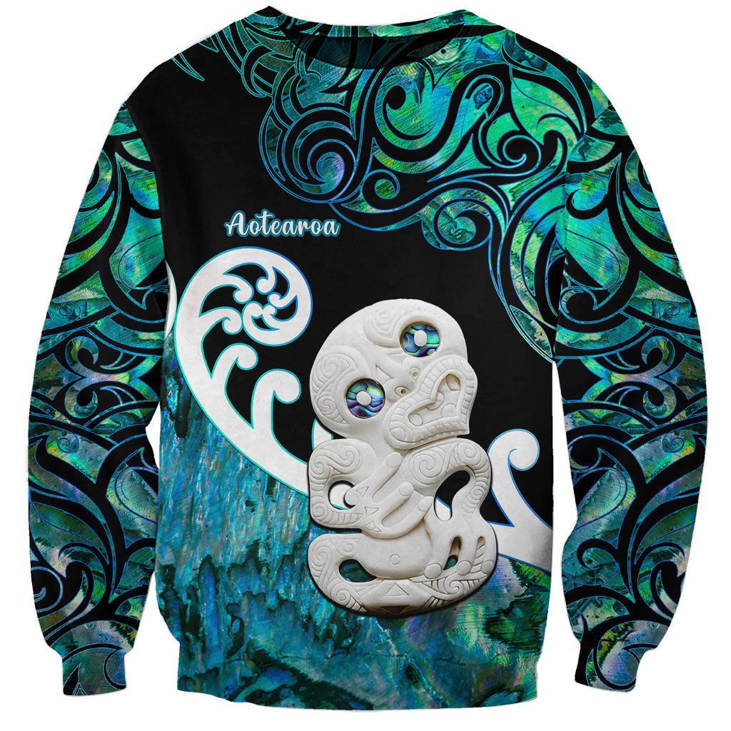 Personalized Aotearoa New Zealand Sweatshirt Paua Shell Fern Koru With Maori Hei Tiki LT05 Unisex Green - Polynesian Pride