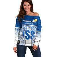 Personalized International School Suva Off Shoulder Sweater With Fijian Tapa Pattern LT05 Women Blue - Polynesian Pride