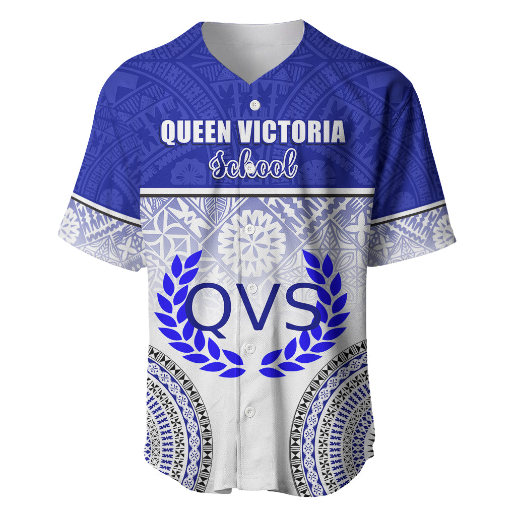 Personalized Queen Victoria School Baseball Jersey With Fijian Tapa Pattern LT05 Blue - Polynesian Pride