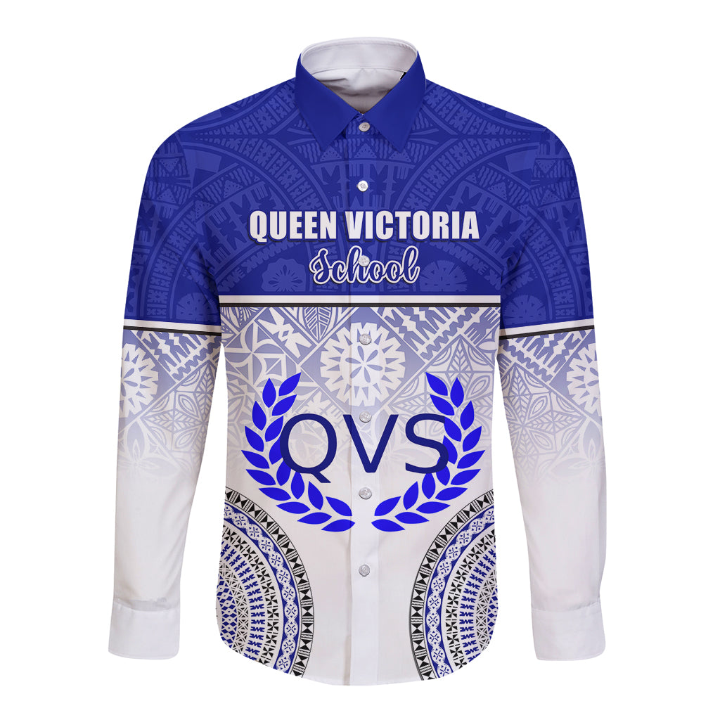 Personalized Queen Victoria School Long Sleeve Button Shirt With Fijian Tapa Pattern LT05 Unisex Blue - Polynesian Pride