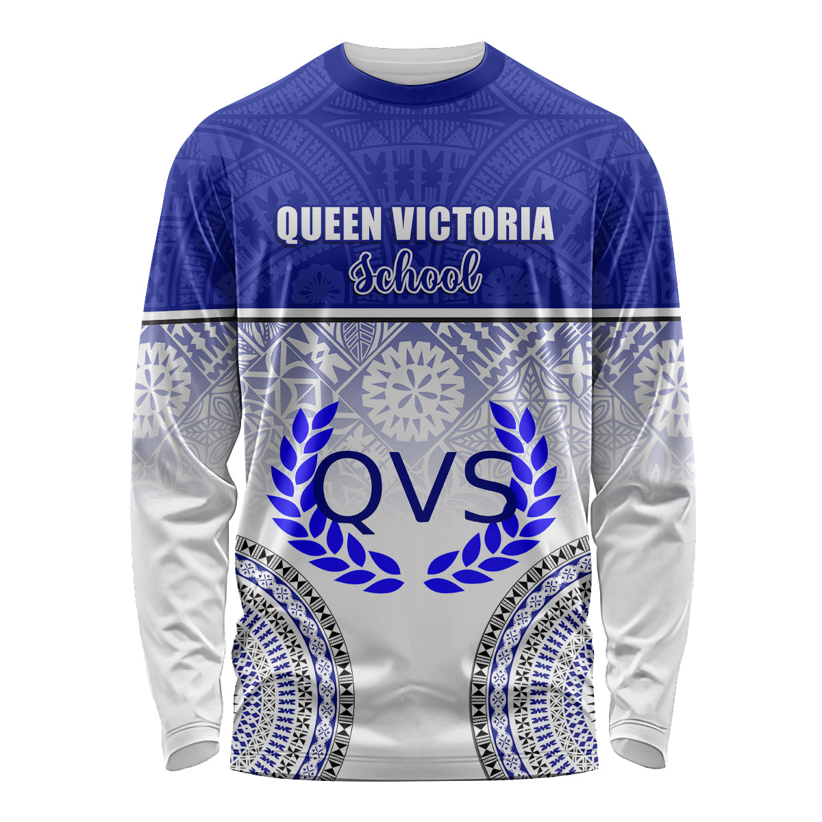 Personalized Queen Victoria School Long Sleeve Shirt With Fijian Tapa Pattern LT05 Unisex Blue - Polynesian Pride