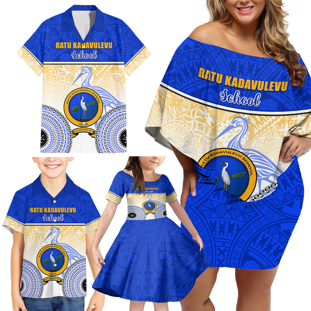 Personalized Ratu Kadavulevu School Family Matching Off Shoulder Short Dress and Hawaiian Shirt With Fijian Tapa Pattern LT05 - Polynesian Pride