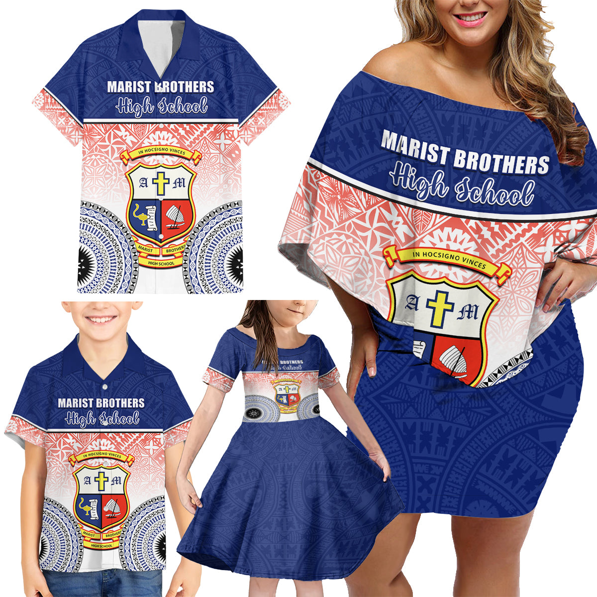 Personalized Marist Brothers High School Family Matching Off Shoulder Short Dress and Hawaiian Shirt With Fijian Tapa Pattern LT05 - Polynesian Pride