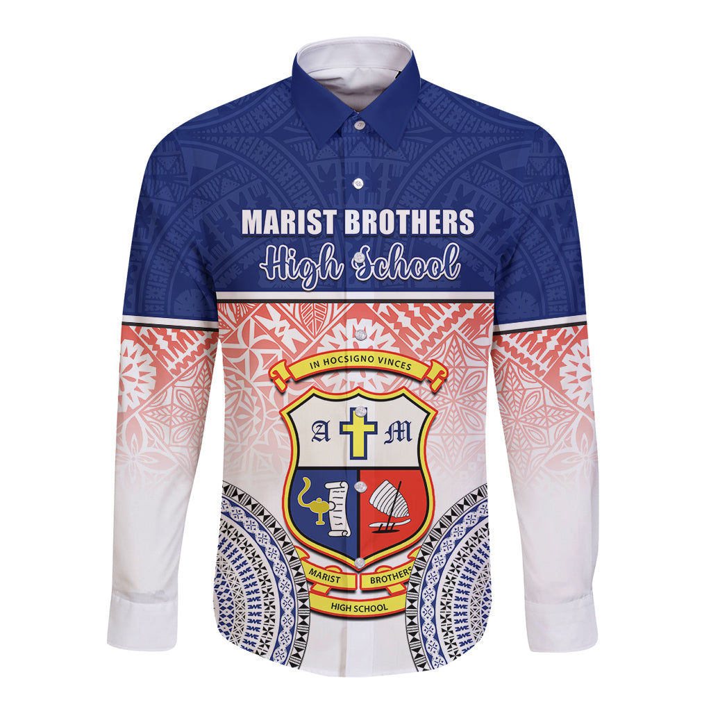 Personalized Marist Brothers High School Long Sleeve Button Shirt With Fijian Tapa Pattern LT05 Unisex Blue - Polynesian Pride