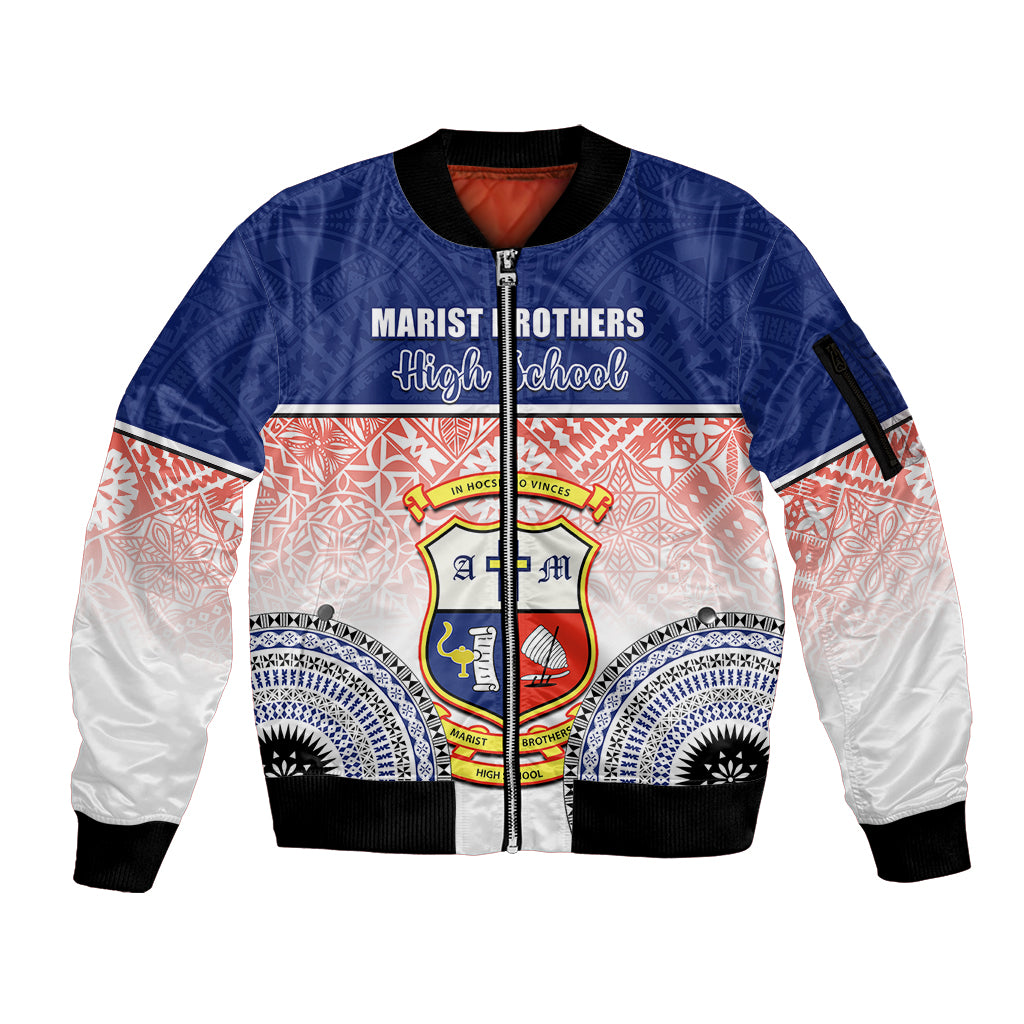 Personalized Marist Brothers High School Sleeve Zip Bomber Jacket With Fijian Tapa Pattern LT05 Unisex Blue - Polynesian Pride