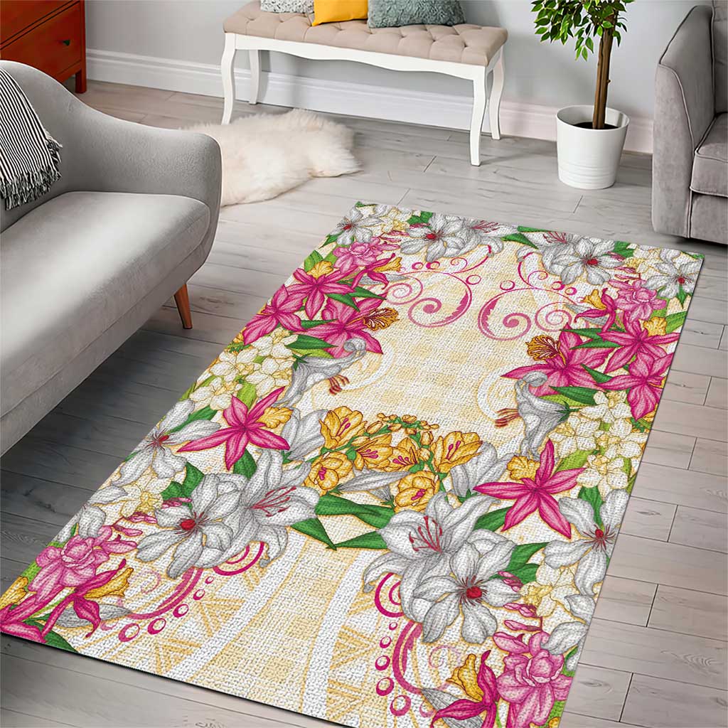 Hawaii Palaka Area Rug Yellow Tribal Pattern With Tropical Flowers LT05 - Polynesian Pride