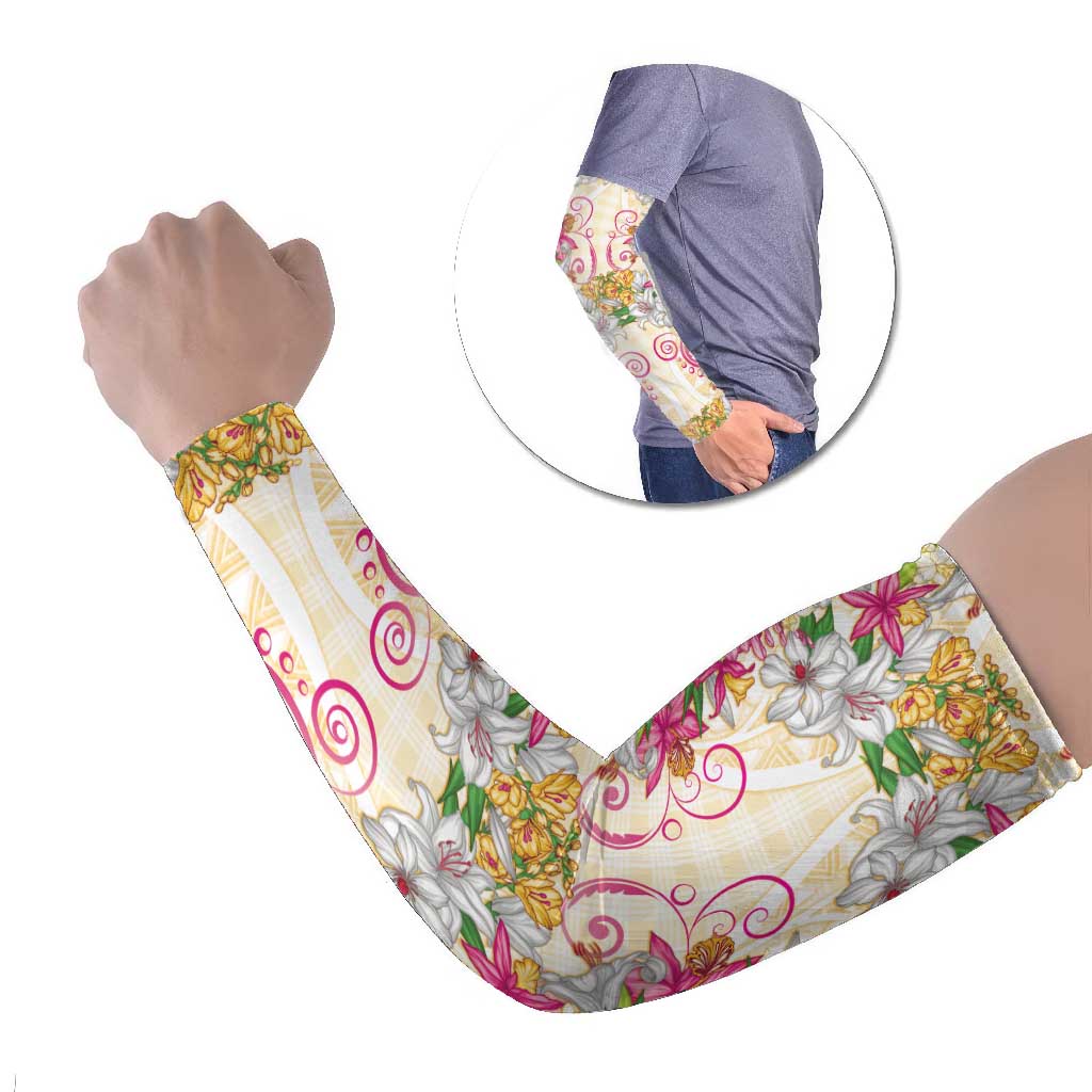 Hawaii Palaka Arm Sleeves Yellow Tribal Pattern With Tropical Flowers LT05 Set of 2 Yellow - Polynesian Pride