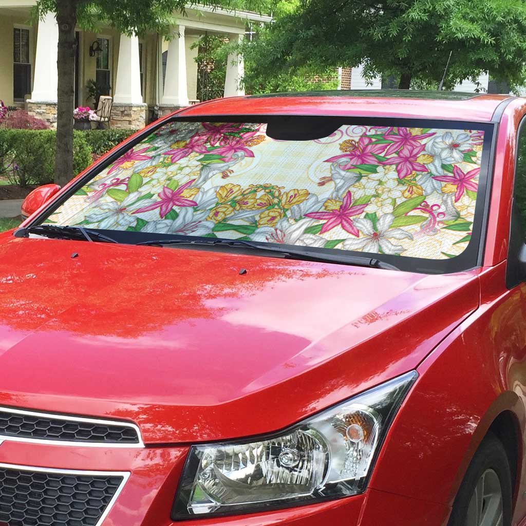 Hawaii Palaka Auto Sun Shade Yellow Tribal Pattern With Tropical Flowers LT05 - Polynesian Pride
