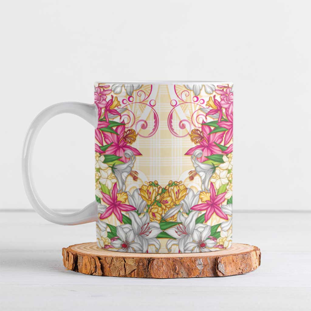 Hawaii Palaka Ceramic Mug Yellow Tribal Pattern With Tropical Flowers LT05 Yellow - Polynesian Pride