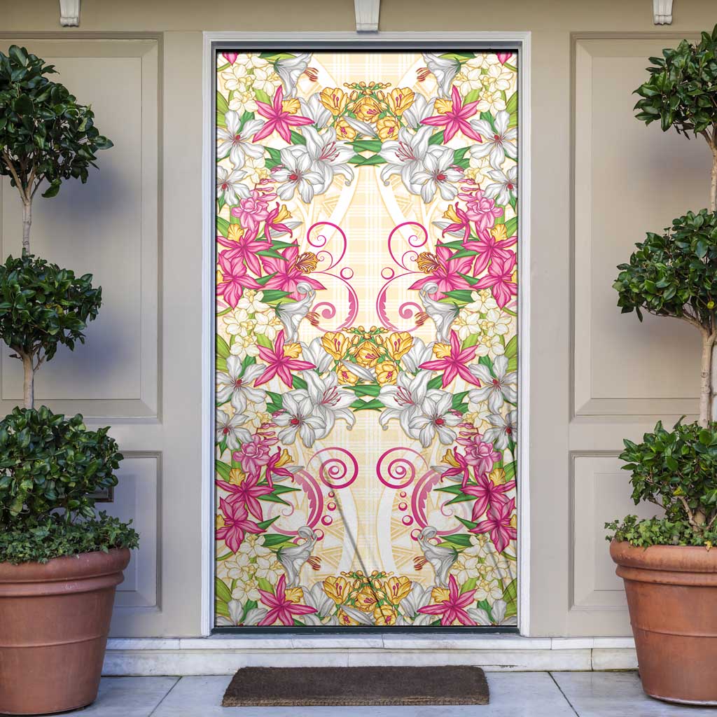 Hawaii Palaka Door Cover Yellow Tribal Pattern With Tropical Flowers LT05 Yellow - Polynesian Pride