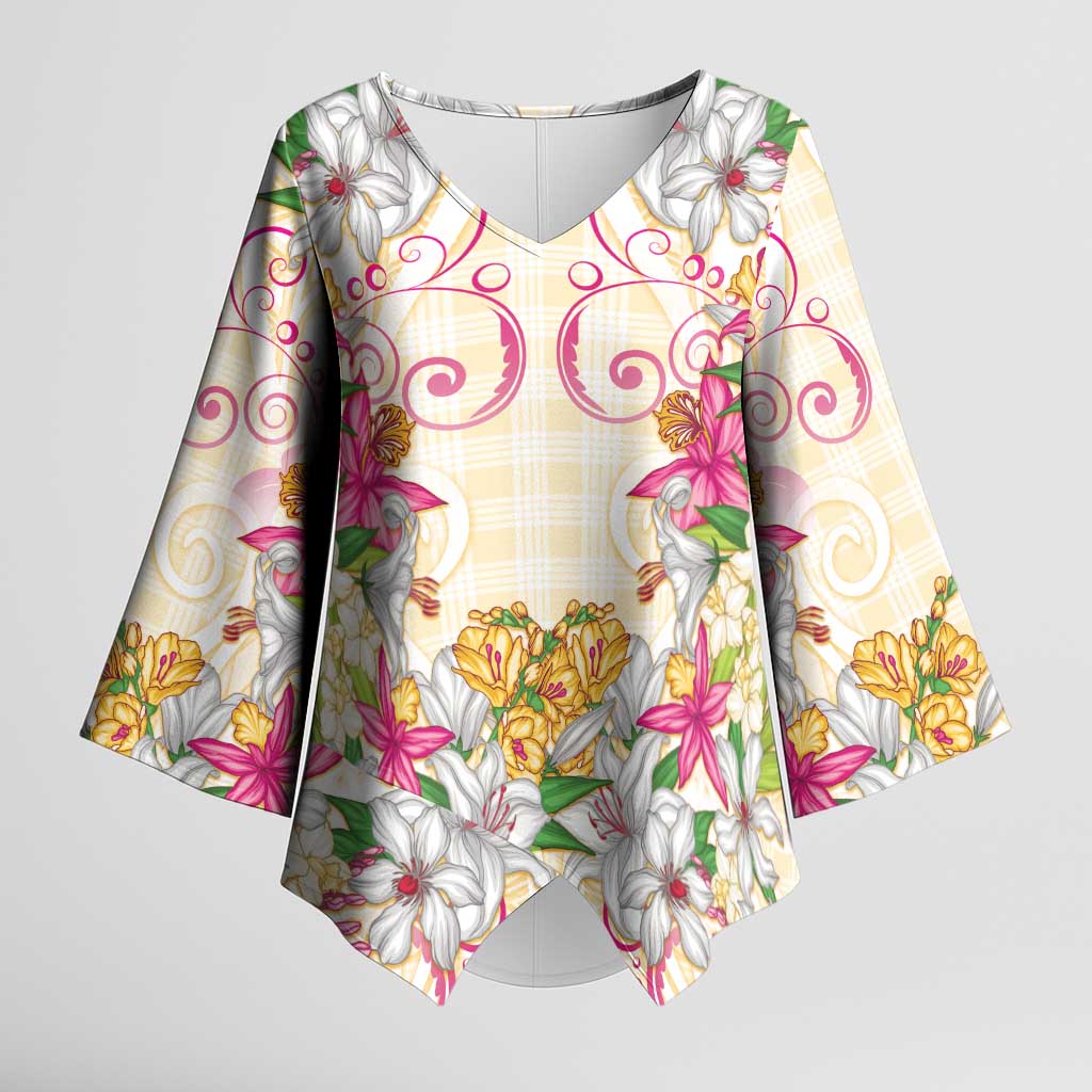 Hawaii Palaka Kimono Sleeve Blouse Yellow Tribal Pattern With Tropical Flowers LT05 Female Yellow - Polynesian Pride