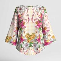 Hawaii Palaka Kimono Sleeve Blouse Yellow Tribal Pattern With Tropical Flowers LT05 - Polynesian Pride