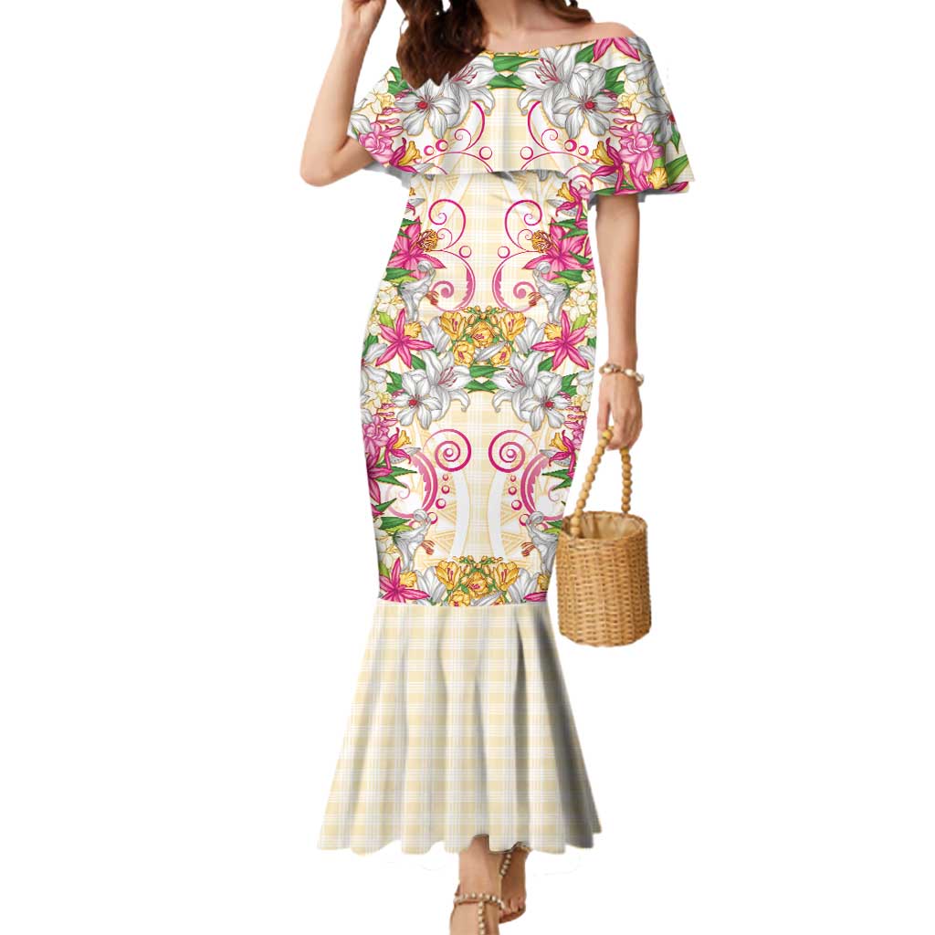 Hawaii Palaka Mermaid Dress Yellow Tribal Pattern With Tropical Flowers LT05 Women Yellow - Polynesian Pride
