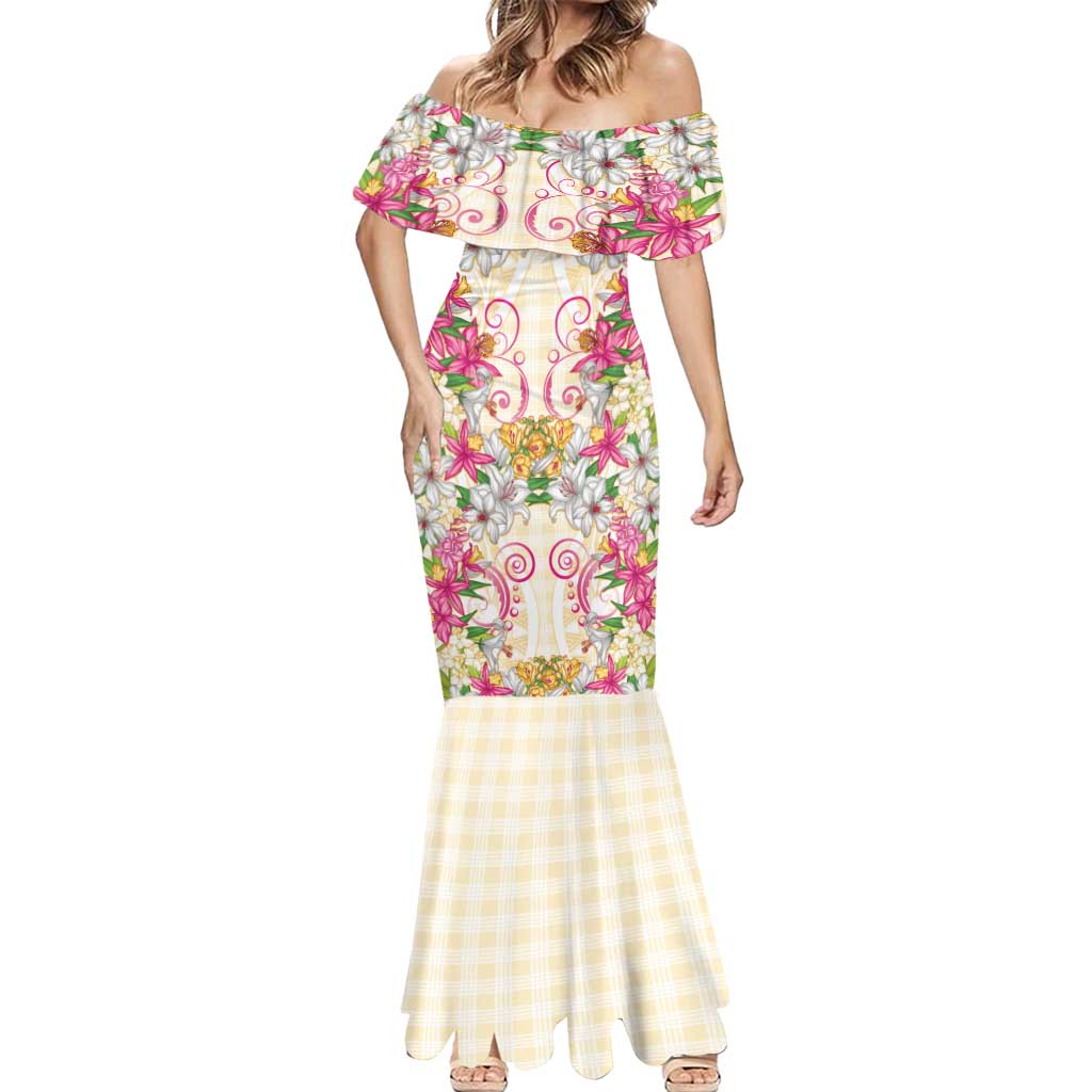 Hawaii Palaka Mermaid Dress Yellow Tribal Pattern With Tropical Flowers LT05 - Polynesian Pride