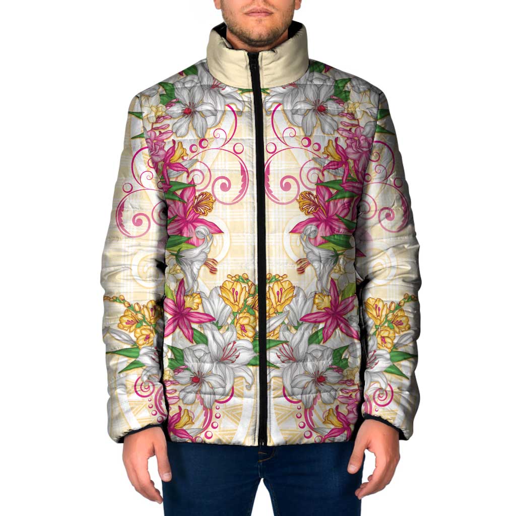 Hawaii Palaka Padded Jacket Yellow Tribal Pattern With Tropical Flowers LT05 Men Yellow - Polynesian Pride