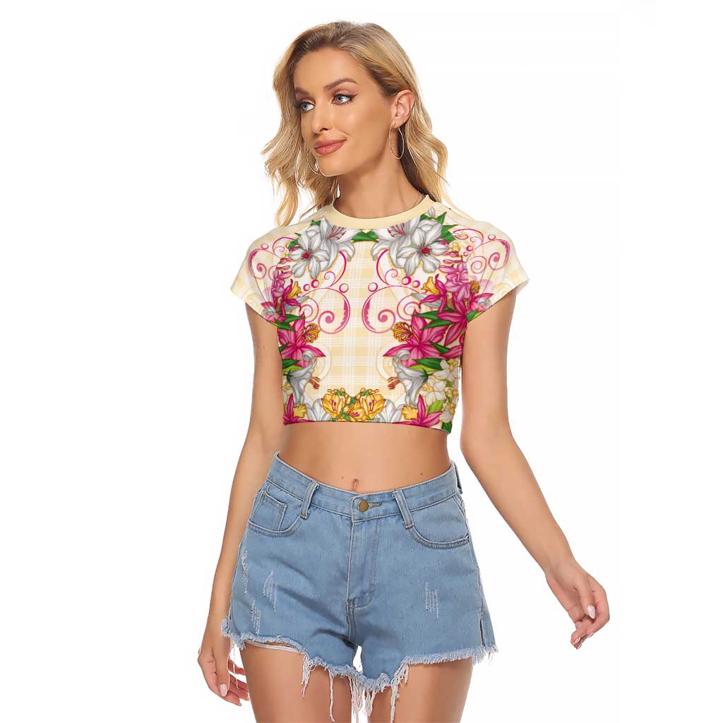 Hawaii Palaka Raglan Cropped T Shirt Yellow Tribal Pattern With Tropical Flowers LT05 Female Yellow - Polynesian Pride
