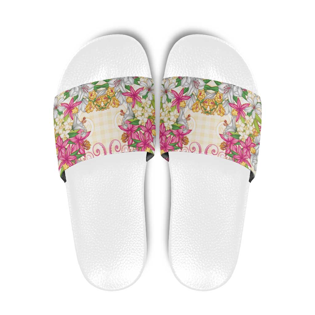 Hawaii Palaka Slide Sandals Yellow Tribal Pattern With Tropical Flowers LT05 Yellow - Polynesian Pride