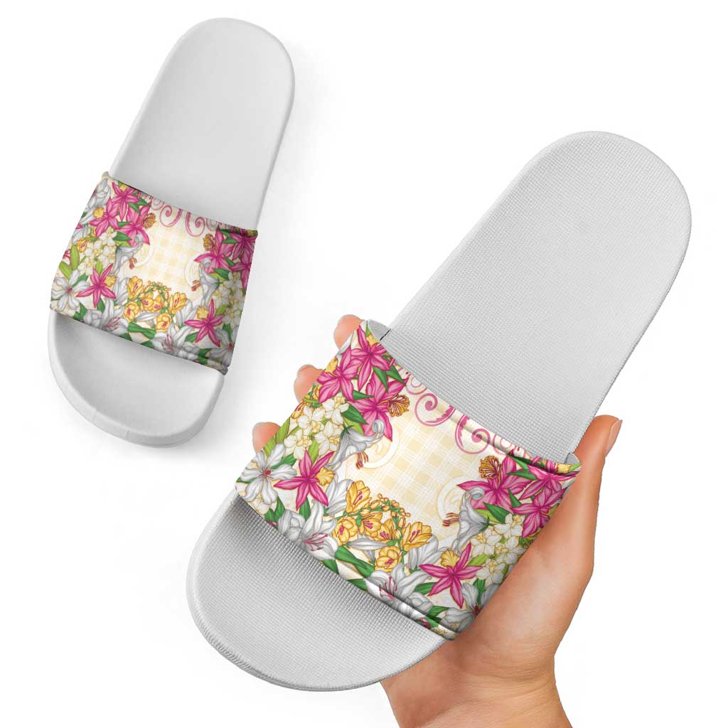 Hawaii Palaka Slide Sandals Yellow Tribal Pattern With Tropical Flowers LT05 - Polynesian Pride