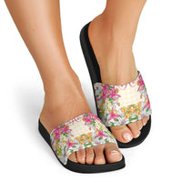Hawaii Palaka Slide Sandals Yellow Tribal Pattern With Tropical Flowers LT05 - Polynesian Pride